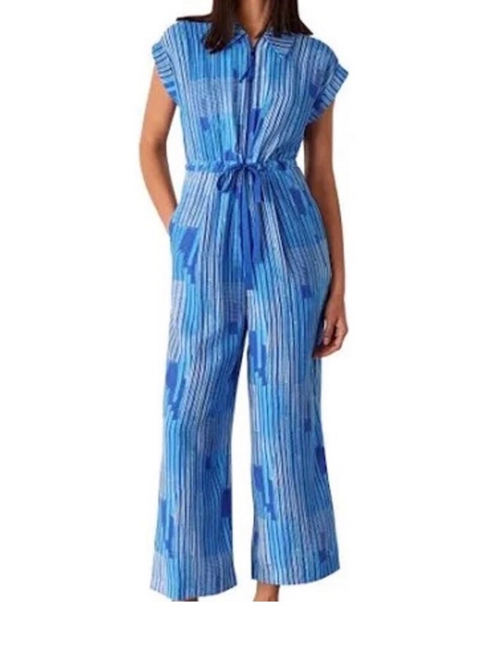 Whistles Blue Striped Tie-Waist Jumpsuit